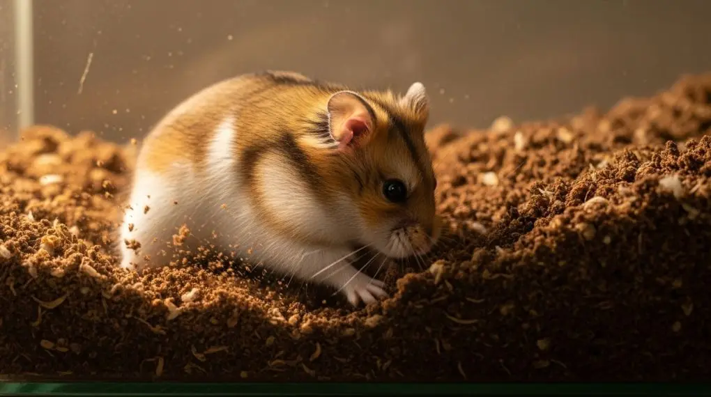 A dwarf hamster digging actively through deep brown substrate in a glass enclosure, motion slightly captured, natural side lighting, lifestyle small pet photography showing natural digging behavior
