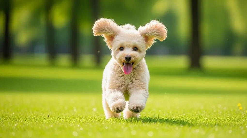 A happy cream-colored miniature poodle mid-run in a green park, ears flopping, tongue out, motion slightly frozen, bright natural daylight, green bokeh background, joyful and energetic lifestyle pet photography