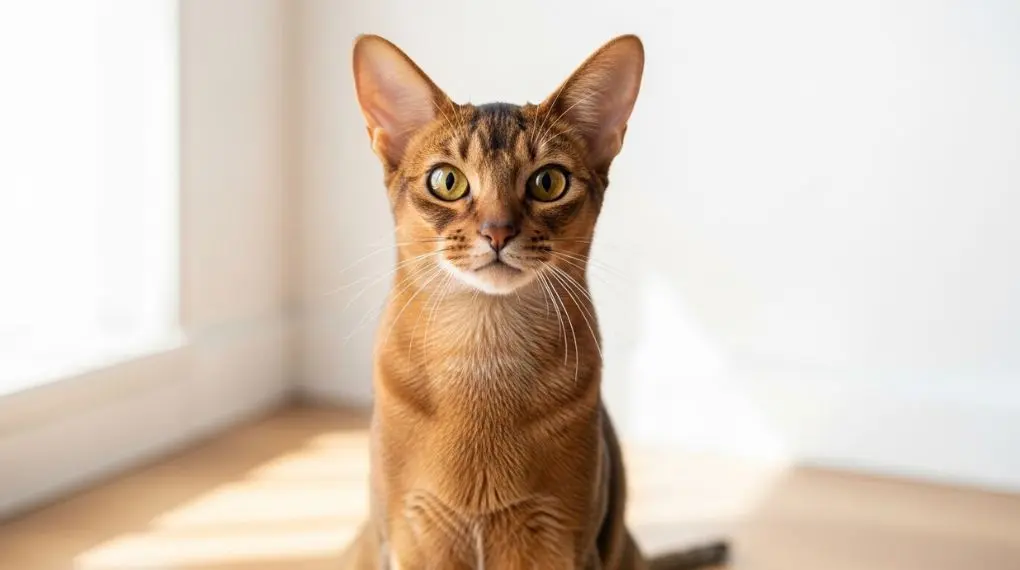 A sleek ruddy Abyssinian cat sitting upright on a light wooden floor, ears alert, large amber eyes looking directly at camera, natural window light from the side, white background, sharp focus on face, shallow depth of field, studio-style pet photography