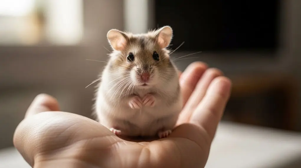 A tiny dwarf hamster sitting upright on a person's open palm, round body, small ears alert, soft warm natural lighting, shallow depth of field with blurred home background, cute and intimate pet photography