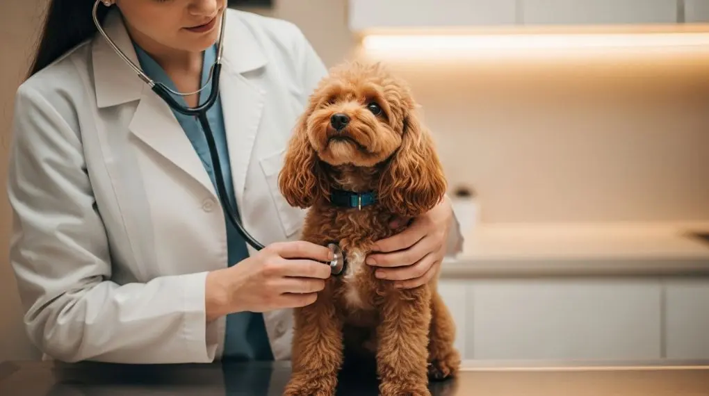A veterinarian in white coat gently examining a small apricot poodle on a stainless steel table, stethoscope around neck, warm clinic lighting, caring and calm atmosphere, lifestyle pet healthcare photography, soft background blur