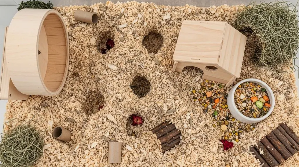 A well-set-up hamster enclosure top view showing deep substrate layer, a solid running wheel, small wooden house, food bowl and scattered enrichment items, bright natural overhead light, clean and organized pet habitat photography