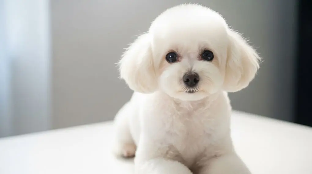 A white toy poodle sitting on a clean white surface, freshly groomed with round fluffy coat, dark round eyes looking at camera, soft studio lighting from the side, shallow depth of field, professional pet photography, bright and clean aesthetic