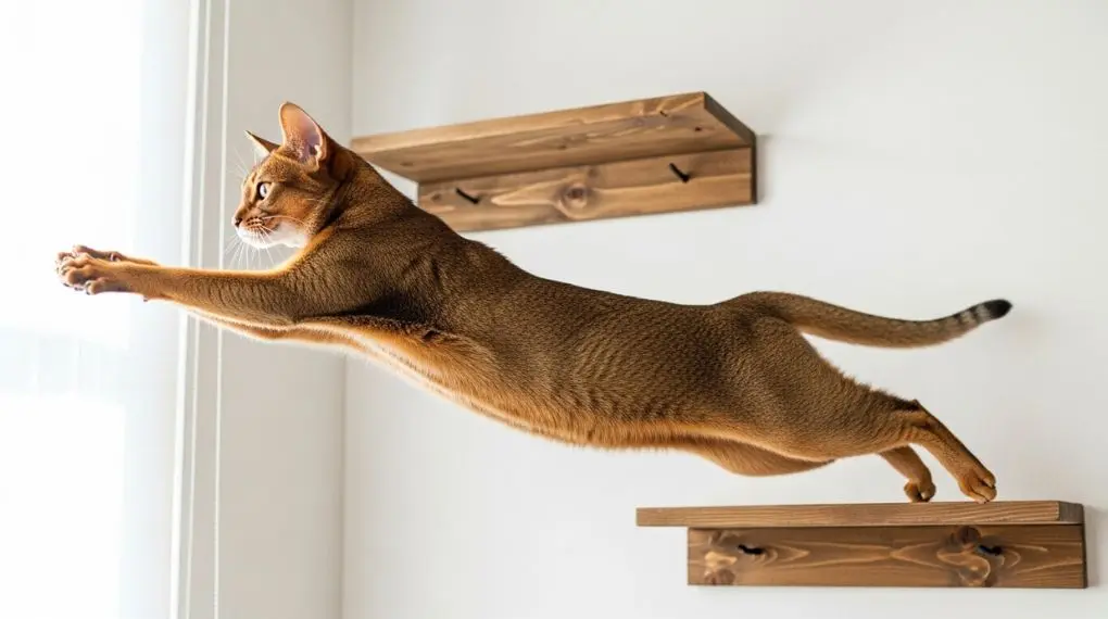 An Abyssinian cat mid-leap between two wooden wall shelves mounted on a white wall, body fully stretched, muscles visible under short ticked coat, bright natural light, motion slightly frozen, dynamic composition