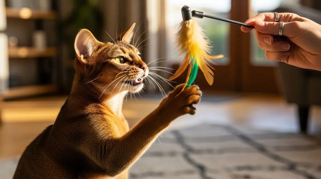 An Abyssinian cat playing with a feather wand toy held by a human hand partially in frame, mid-action with paw extended, mouth slightly open, living room environment with warm lighting, cozy and natural atmosphere, lifestyle pet photography