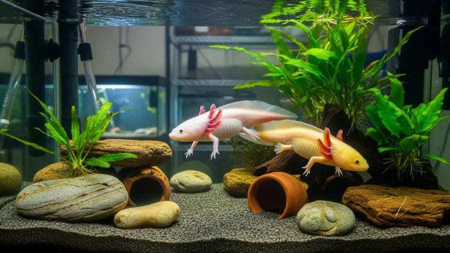 Axolotl in pristine cold-water aquarium, gentle lighting, natural hides, professional exotic pet care environment, realistic documentary style, high detail