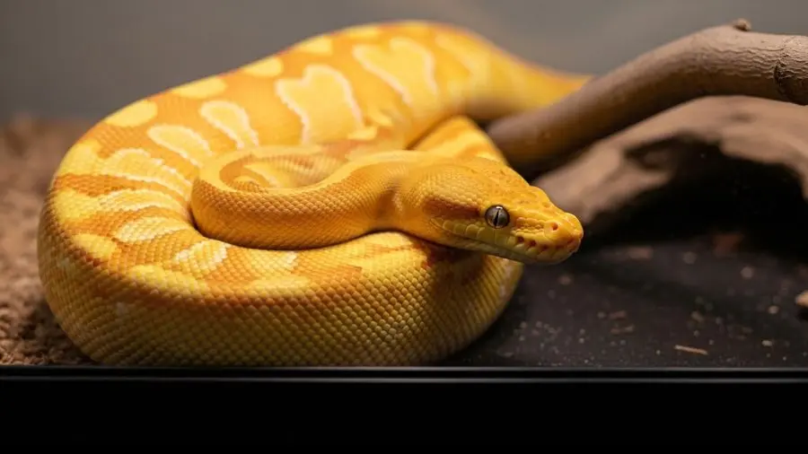 "Ball python morph banana em terrário — coloração amarela intensa característica do morph" 