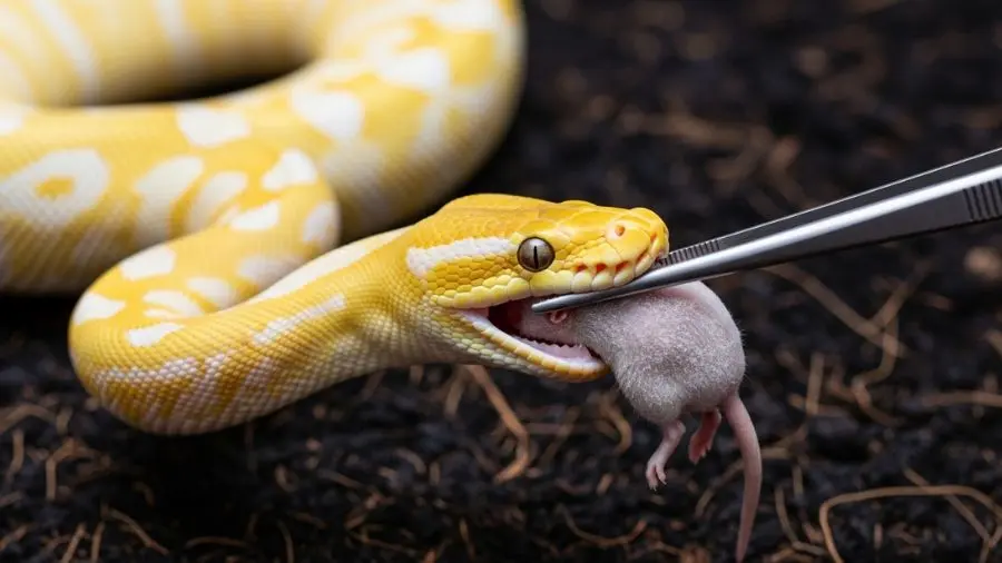 "Ball python sendo alimentada com rato descongelado por pinça longa — técnica segura de alimentação"