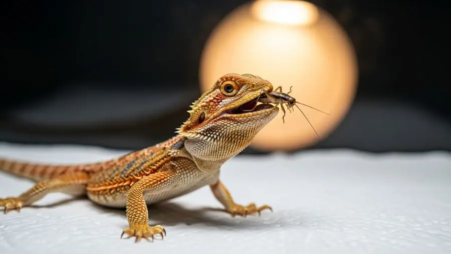 "Bebê de dragão barbudo caçando grilo — alimentação com insetos pequenos nas primeiras semanas" 