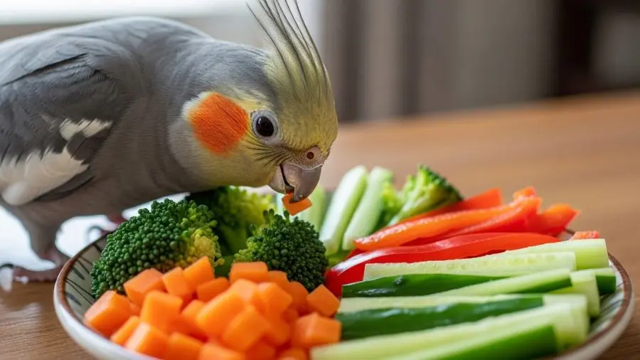 "Calopsita explorando prato de vegetais frescos variados — alimentação equilibrada além das sementes"