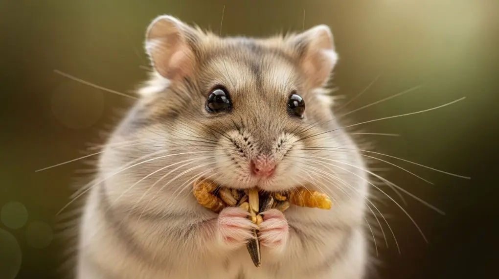 Close-up of a dwarf hamster stuffing food into its cheek pouches with tiny front paws, sharp focus on face, warm soft background blur, natural light, detailed and endearing small animal photography