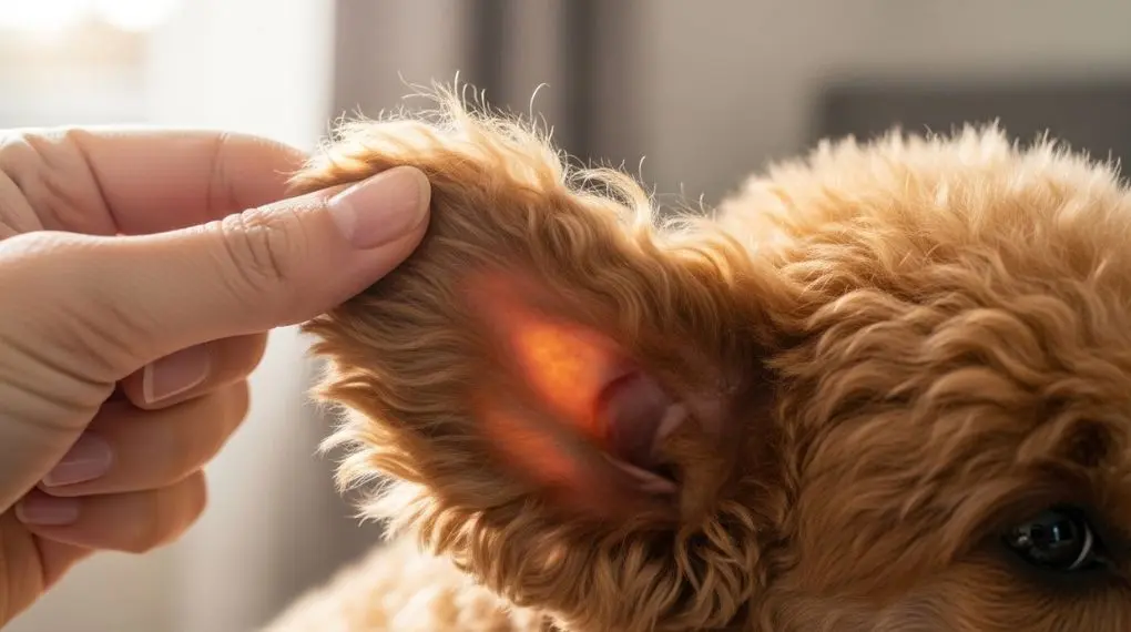 Close-up of a poodle's ear being gently inspected by a human hand, visible soft curly fur around the ear canal, natural light from a window, clean home environment, detail-focused pet care photography, warm neutral tones