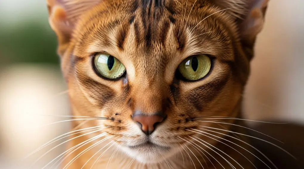 Close-up portrait of an Abyssinian cat face, golden-green eyes intense and alert, ticked ruddy fur with visible banding detail, whiskers crisp, soft bokeh background in warm neutral tones, natural light, high detail pet photography