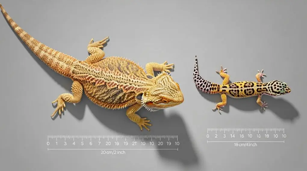 Comparação de tamanho entre dragão barbudo e gecko leopardo com escala de medida.