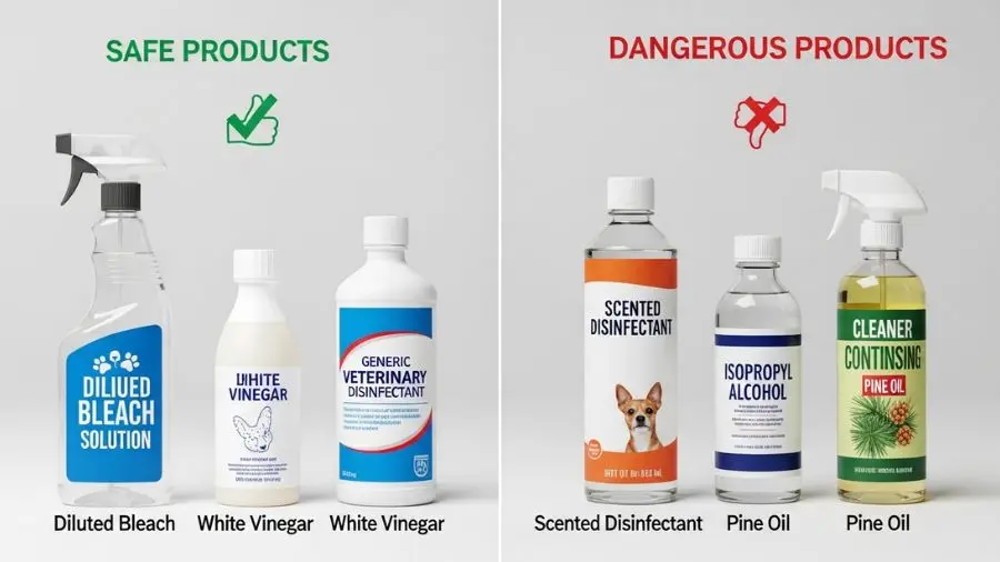 Composição dividida ao meio: de um lado produtos seguros (água sanitária diluída, vinagre, desinfetante veterinário genérico), do outro lado produtos perigosos (desinfetantes perfumados, álcool, produtos com pinho), com sinal visual de correto vs errado, fundo neutro, estilo educativo e comparativo, iluminação clara