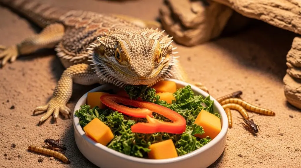 Dragão barbudo se alimentando de vegetais frescos e insetos.