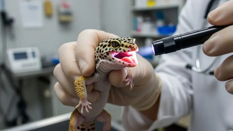 "Gecko leopardo em exame veterinário — verificação da cavidade oral para descarte de estomatite"