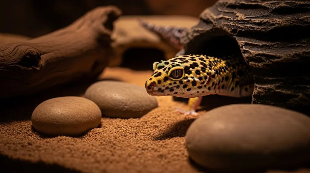 Gecko leopardo saindo de esconderijo no terrário à noite com olhos brilhantes.
