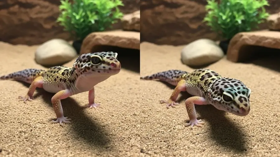  "Gecko leopardo saudável vs gecko com sinais gerais de doença — postura e olhos como indicadores" 