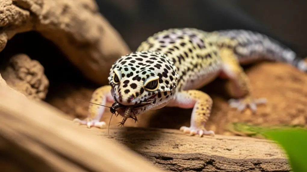 Gecko leopardo se alimentando de insetos no terrário.