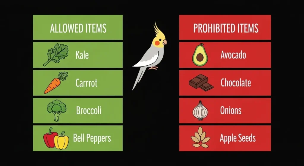 Guia visual de alimentos permitidos e proibidos para calopsita"