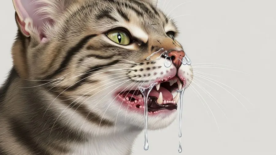 Ilustração mostrando os principais sintomas do calicivírus felino, incluindo úlceras orais e secreções.