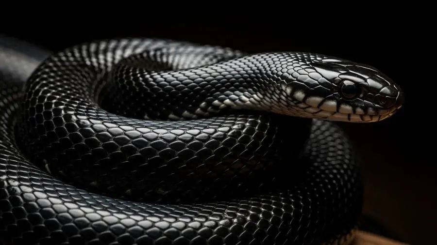 King snake preta com escamas brilhantes em close.