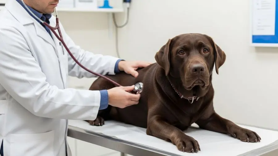 "Labrador em consulta veterinária preventiva — exame físico anual"