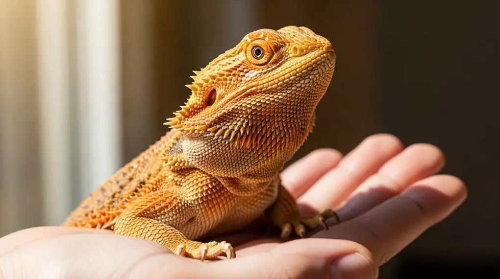 Mão humana segurando dragão barbudo adulto com barba relaxada.