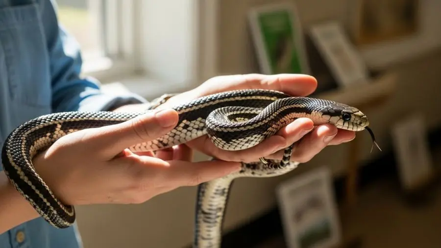 Pessoa segurando cobra com suporte correto ao longo do corpo.