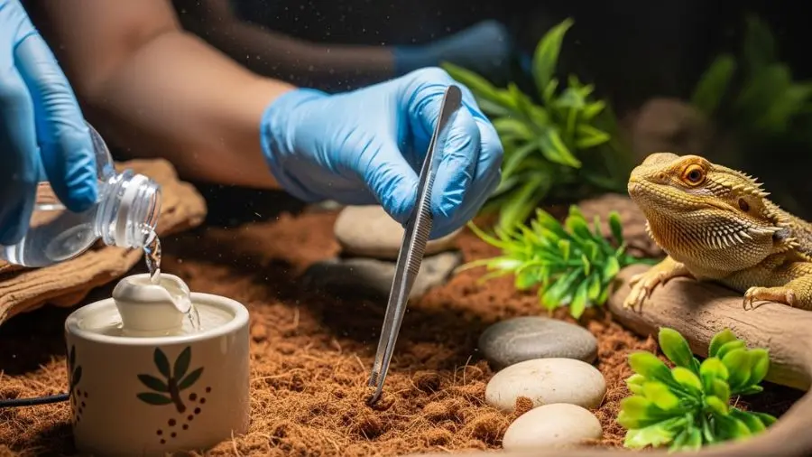 Pessoa usando luvas descartáveis limpando um terrário de réptil, removendo fezes com pinça, trocando água do bebedouro, ambiente limpo e organizado, iluminação natural, dragão barbudo observando ao fundo, sensação de rotina simples e prática, estilo realista e educativo
