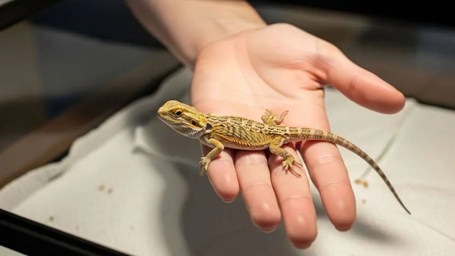 "Primeiros dias de manuseio de dragão barbudo bebê — mão aberta dentro do terrário sem pegar o animal"