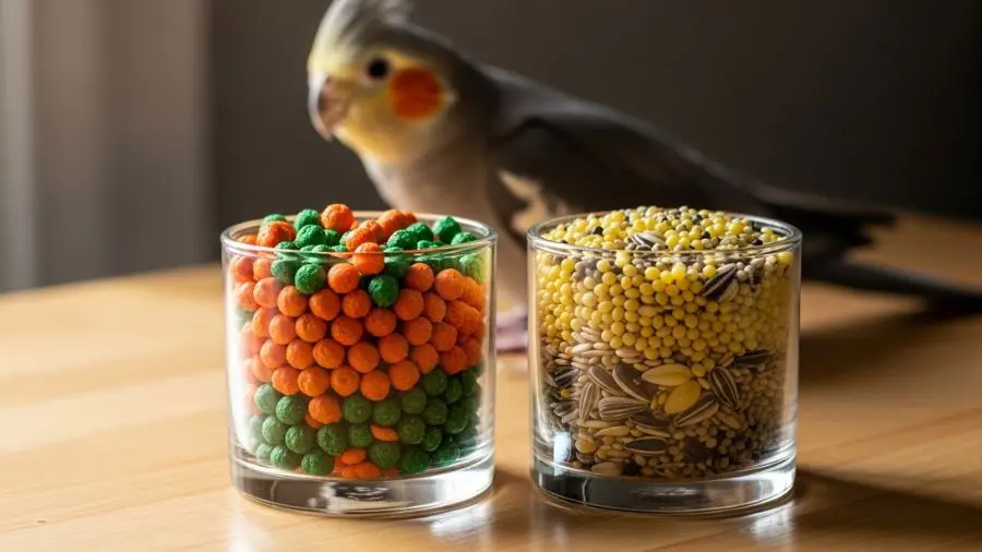 "Ração peletizada como base (50–70%) + sementes como complemento (máximo 30%) é o equilíbrio recomendado pela medicina veterinária de aves."