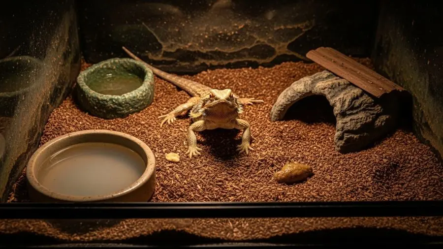 Terrário de réptil sujo e negligenciado, com substrato úmido, fezes visíveis, água turva no bebedouro e leve presença de mofo nos cantos, iluminação dramática mostrando contraste entre descuido e risco, um dragão barbudo parado com aparência levemente abatida, ambiente realista, fotografia hiper-detalhada, foco em textura e sujeira, estilo documental