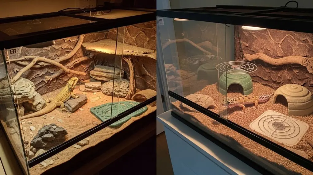 Terrário grande de dragão barbudo ao lado de terrário menor de gecko leopardo.