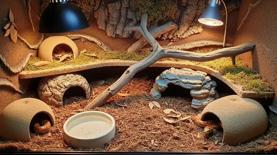 Terrário montado corretamente para cobra com esconderijos e iluminação adequada.