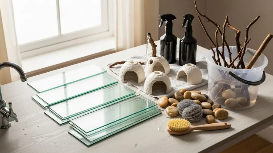 Terrário totalmente desmontado sobre uma mesa, acessórios como pedras, galhos e esconderijos sendo lavados e organizados, frascos de produtos seguros (sem marca visível), escova e balde com água, cenário bem iluminado, sensação de processo completo de higienização, estilo clean e profissional