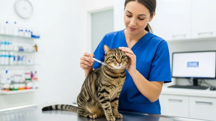 Veterinária aplicando vacina em gato durante consulta preventiva.