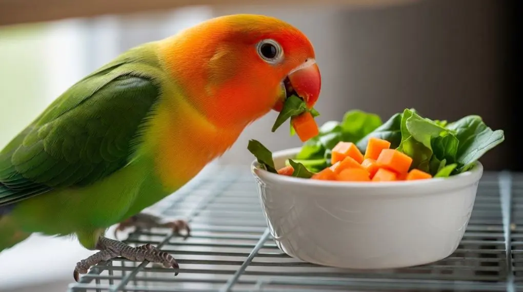 "agapornis comendo cenoura e folhas verdes frescas em pote pequeno dentro da gaiola"