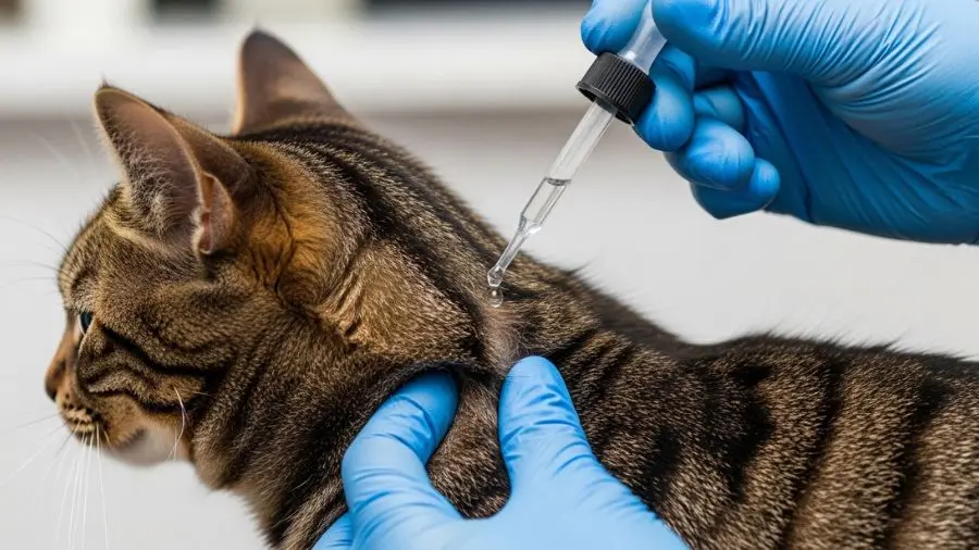 aplicação de antiparasitário spot-on em gato para prevenção de carrapatos. 