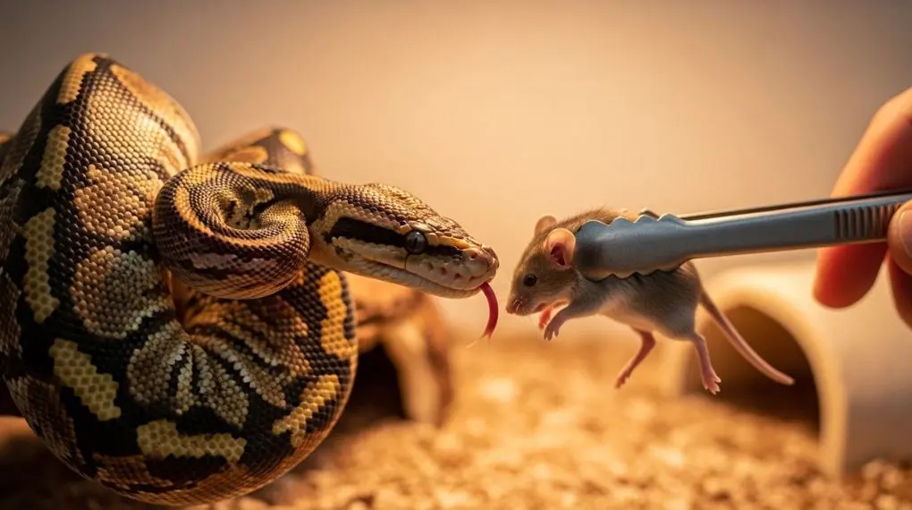 "ball python em postura de alimentação investigando presa descongelada oferecida com pinça"