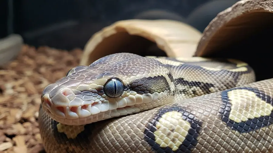"ball python em pré-muda com olhos azulados opacos e pele com coloração apagada descansando em esconderijo" 
