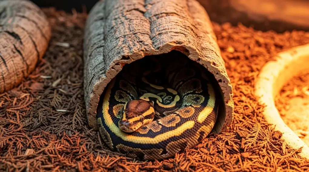"ball python enrolada dentro de esconderijo de cortiça em substrato de casca de cipreste"