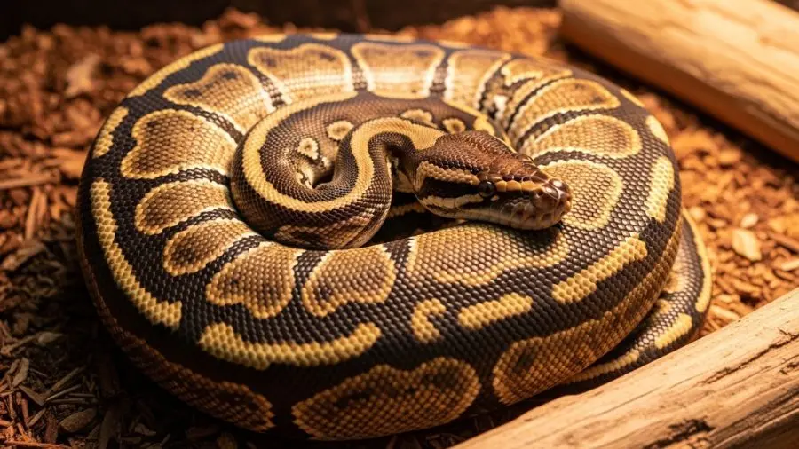 "ball python enrolada em posição de bola que dá nome à espécie em substrato naturalístico com iluminação quente" 