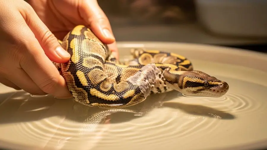 "ball python sendo auxiliada na muda em banho raso com água morna mãos gentis oferecendo suporte"