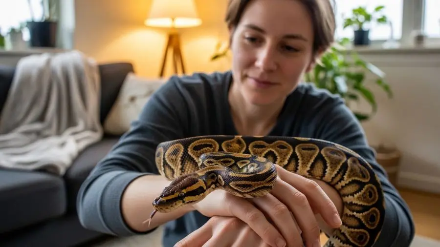 "ball python sendo manejada com confiança pelo tutor explorando pelos dois braços com postura calma e alerta"