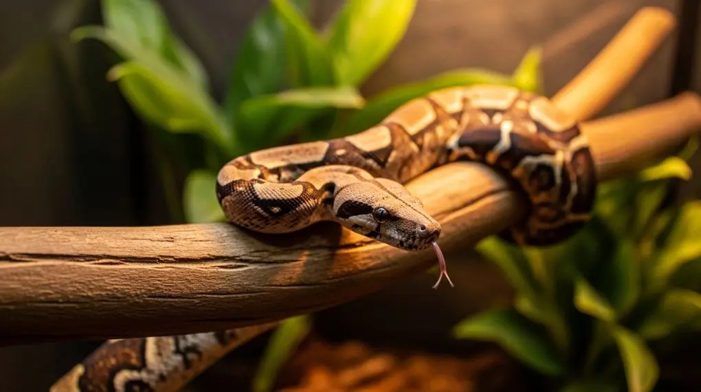 boa constrictor adulta descansando em galho de madeira em terrário naturalístico com plantas