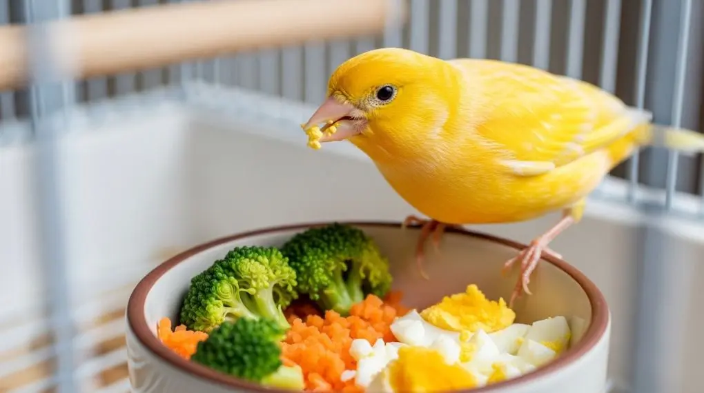 "canário comendo ração de ovo cenoura ralada e brócolis em pote pequeno dentro da gaiola"