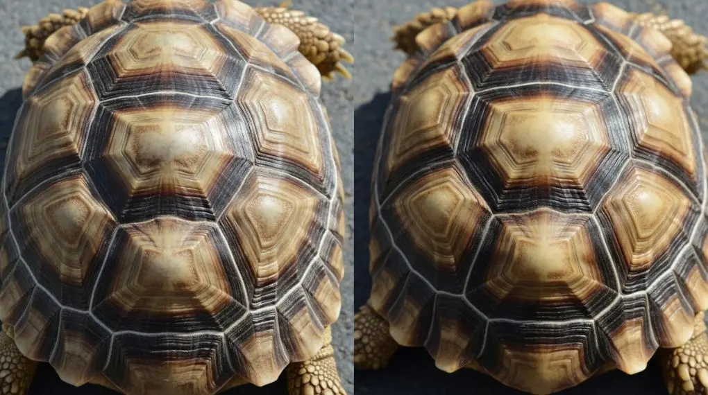 "comparação de carapaça de jabuti saudável lisa versus carapaça com crescimento piramidal"