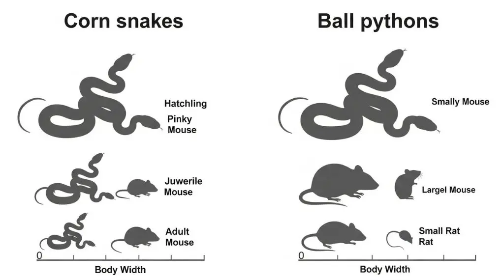 "comparação visual de espessura da cobra versus tamanho correto da presa em diferentes fases de crescimento"
